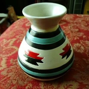 Striped Ceramic Vase with Red and Black Accents